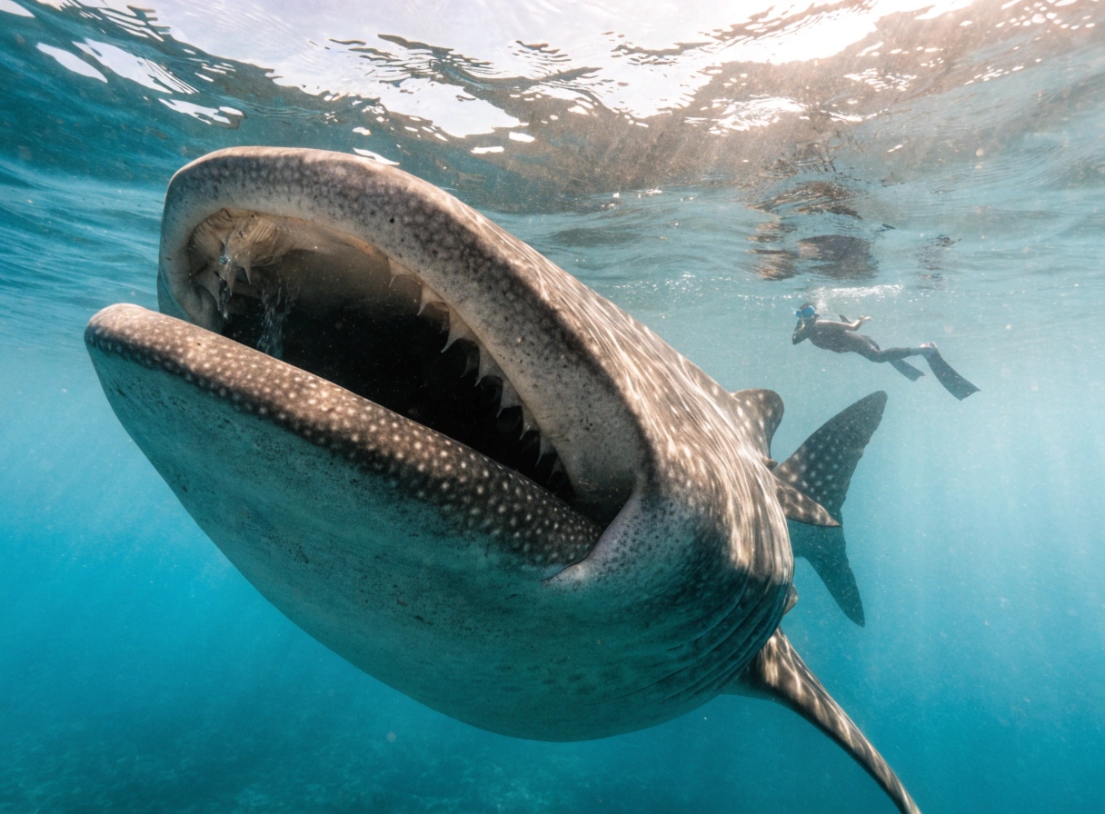 whale shark filter feeding Tofo Mozambique snorkeling Indian Ocean<br />
